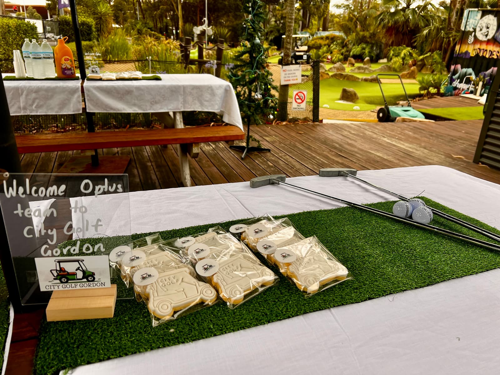 A welcome table set up for a corporate group at City Golf Gordon